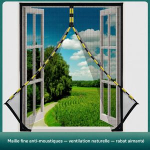 Moustiquaire magnétique posée sur une fenêtre ouverte sur un jardin