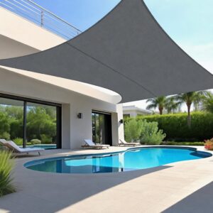 Grande voile anthracite tendue au-dessus d'une piscine et d'une villa