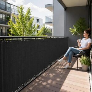 Brise-vue anthracite posé sur la rambarde d'un balcon, une femme assise derrière