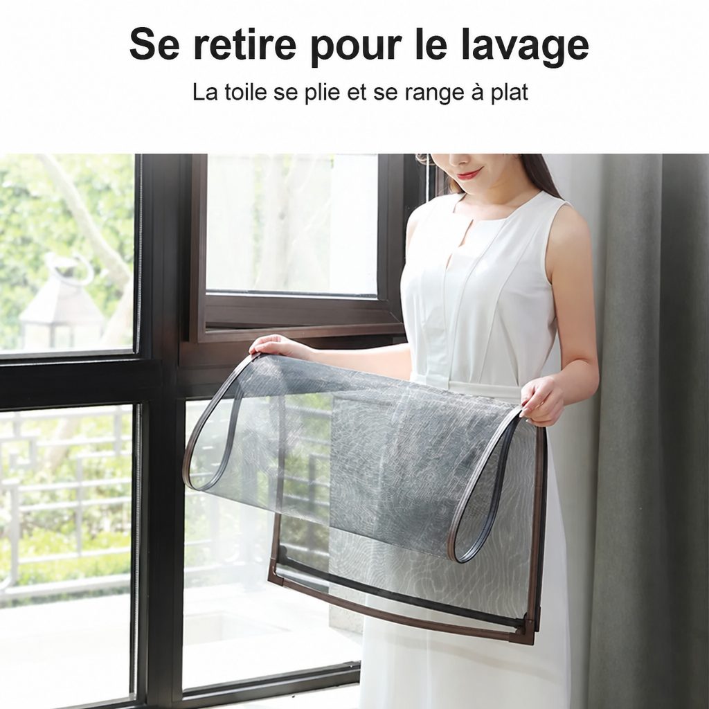 Toile de moustiquaire retirée de son cadre pour être lavée et rangée
