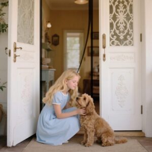 Petite fille et son chien devant une porte équipée de la moustiquaire en fibre de verre