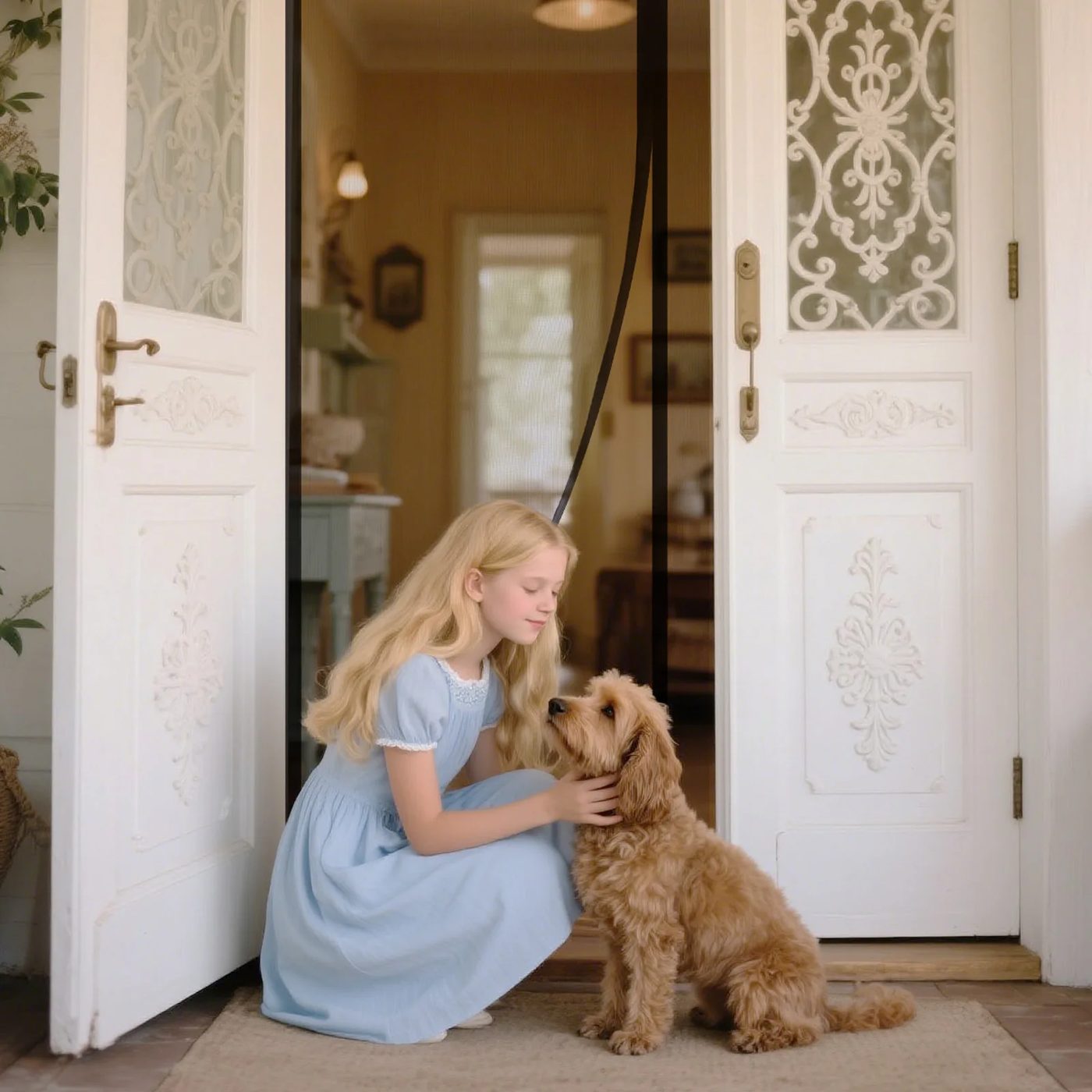 Petite fille et son chien devant une porte équipée de la moustiquaire en fibre de verre