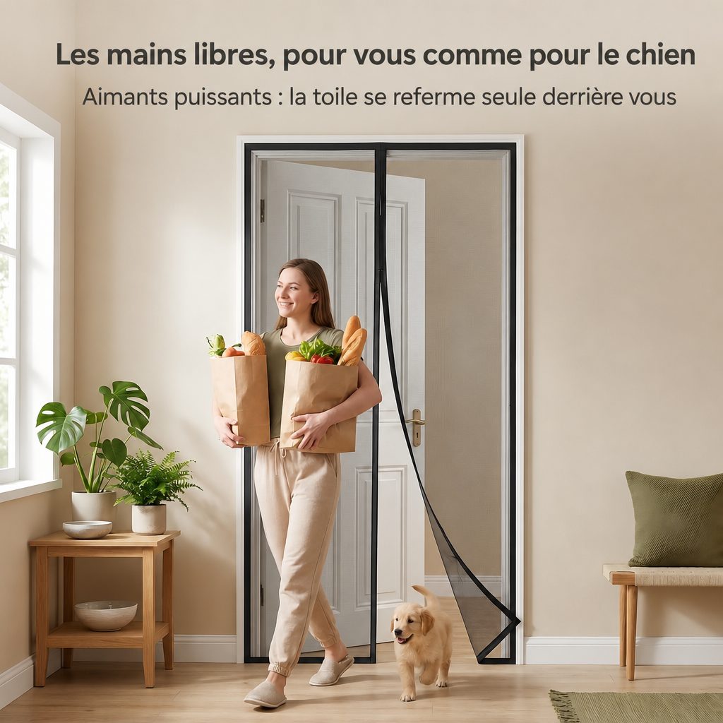 Femme entrant les bras chargés de courses à travers la moustiquaire de porte aimantée