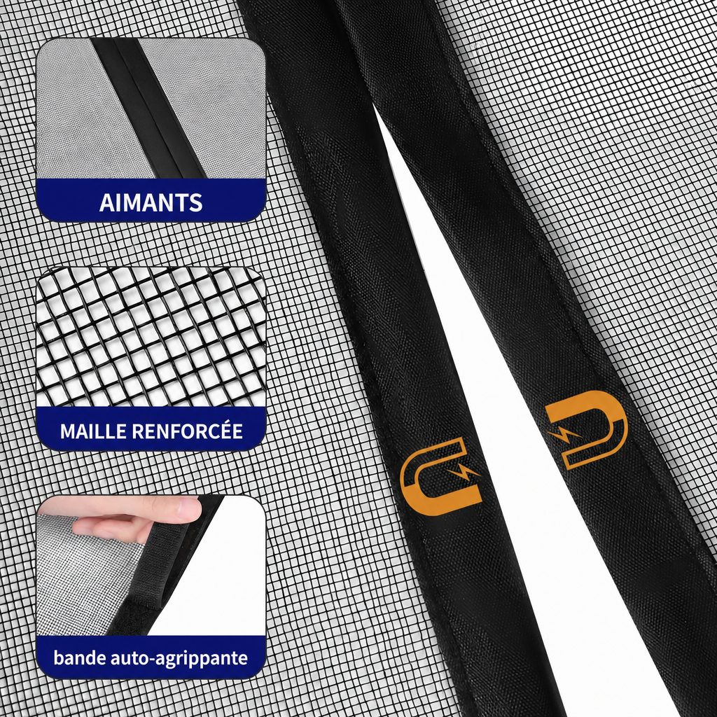 Détail des bandes magnétiques, de la maille renforcée et de la bande auto-agrippante