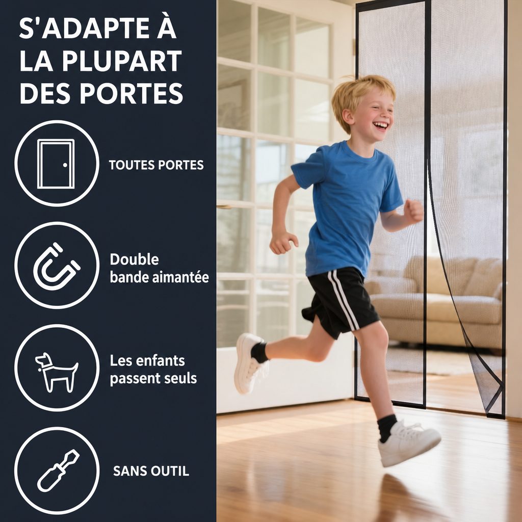 Enfant traversant en courant une porte équipée de la moustiquaire aimantée